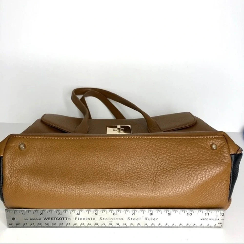 DKNY Tan Leather Doctor Satchel Handbag Black Trim Silver Turn-lock Closure